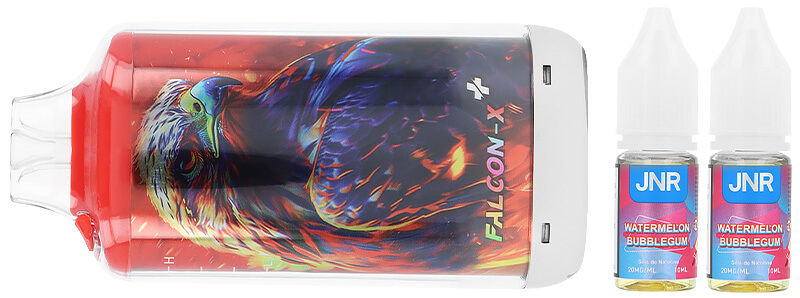 Box contents of JNR's Falcon-X Plus Watermelon Bubblegum refillable puff