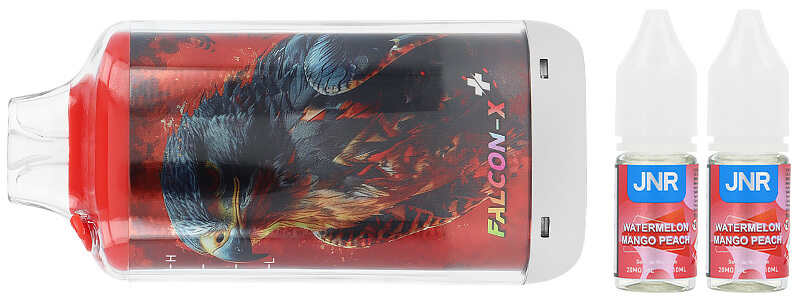Box contents of JNR's Falcon-X Plus Watermelon Mango Peach refillable puff
