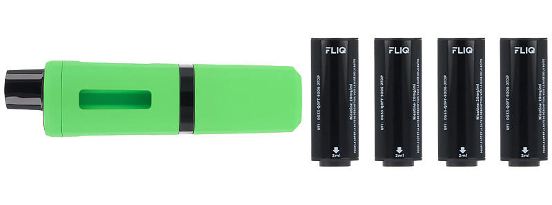 Le contenu de la boîte de la puff rechargeable Green Fliq de Vampire Vape