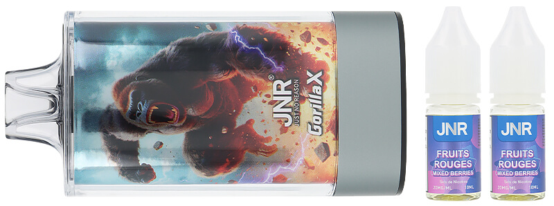 Le contenu de la boîte de la puff rechargeable Mixed Berries 43K Gorilla X par JNR