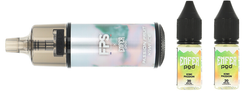 Box contents of FPS' Enfer Passion Fruit Kiwi Ice refillable puff