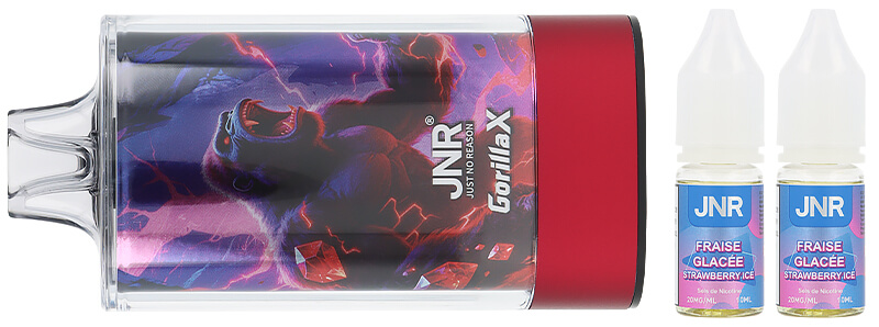 Le contenu de la boîte de la puff rechargeable Strawberry Ice 43K Gorilla X par JNR