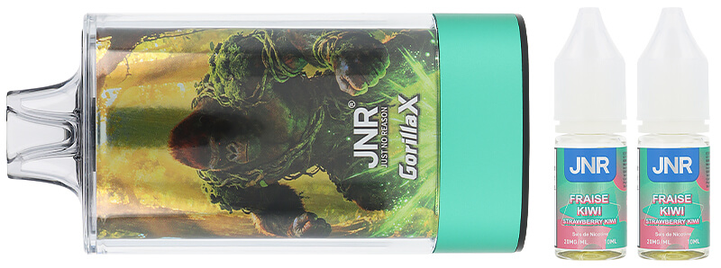 Le contenu de la boîte de la puff rechargeable Strawberry Kiwi 43K Gorilla X par JNR