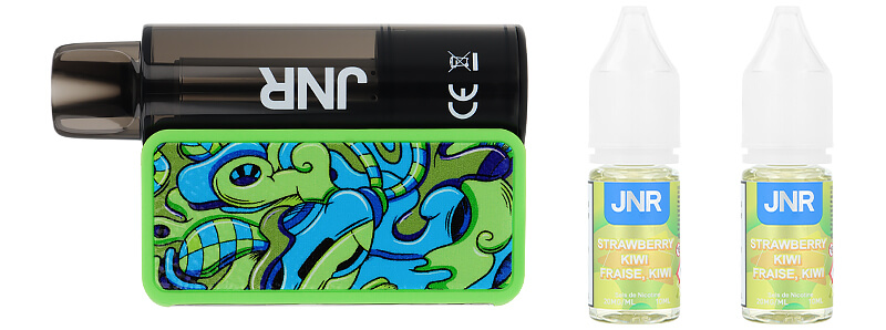 Box contents of JNR's AeroX Strawberry Kiwi refillable puff