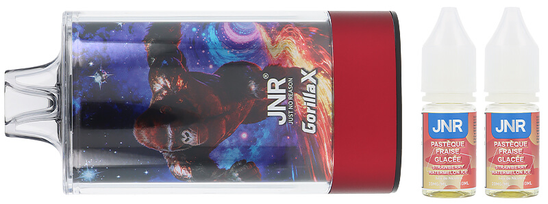 Le contenu de la boîte de la puff rechargeable Strawberry Watermelon Ice 43K Gorilla X de chez JNR