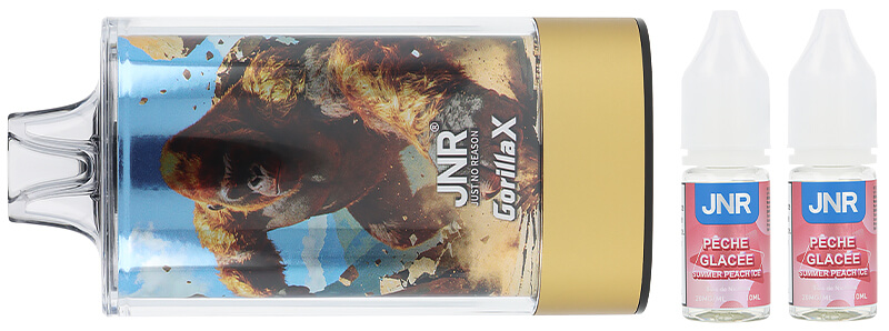 Le contenu de la boîte de la puff rechargeable Summer Peach Ice 43K Gorilla X de JNR