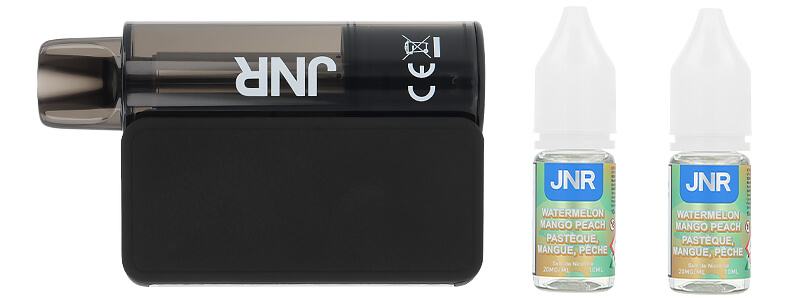 Box contents of JNR's AeroX Watermelon Mango Peach refillable puff