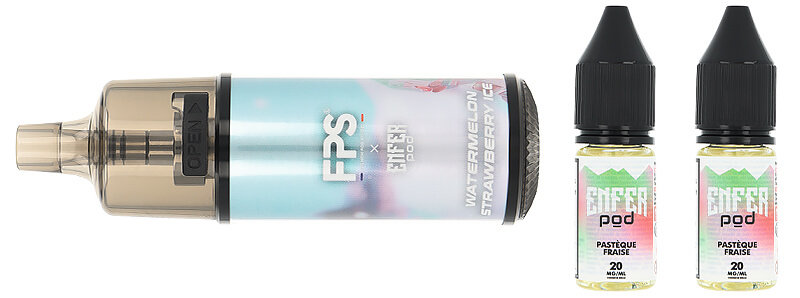 Box contents of FPS' Enfer Watermelon Strawberry Ice refillable puff